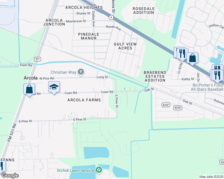 map of restaurants, bars, coffee shops, grocery stores, and more near 827 Coen Road in Rosharon