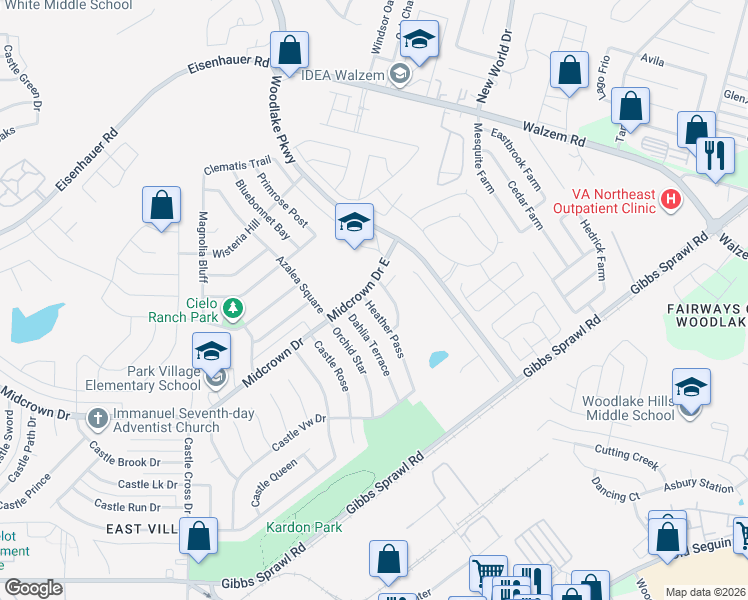 map of restaurants, bars, coffee shops, grocery stores, and more near 4938 Heather Pass in San Antonio