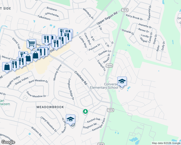 map of restaurants, bars, coffee shops, grocery stores, and more near 6919 Saharastone Drive in Converse