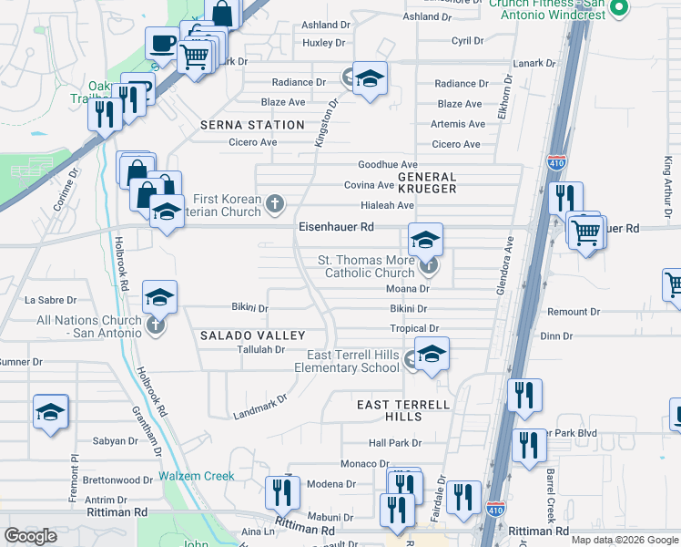 map of restaurants, bars, coffee shops, grocery stores, and more near 4226 Waikiki Drive in San Antonio