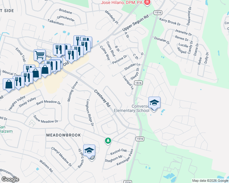 map of restaurants, bars, coffee shops, grocery stores, and more near 6919 Saharastone Drive in Converse