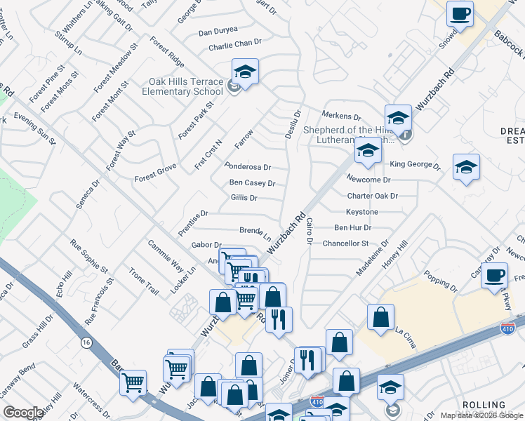 map of restaurants, bars, coffee shops, grocery stores, and more near 5703 Prentiss Drive in San Antonio