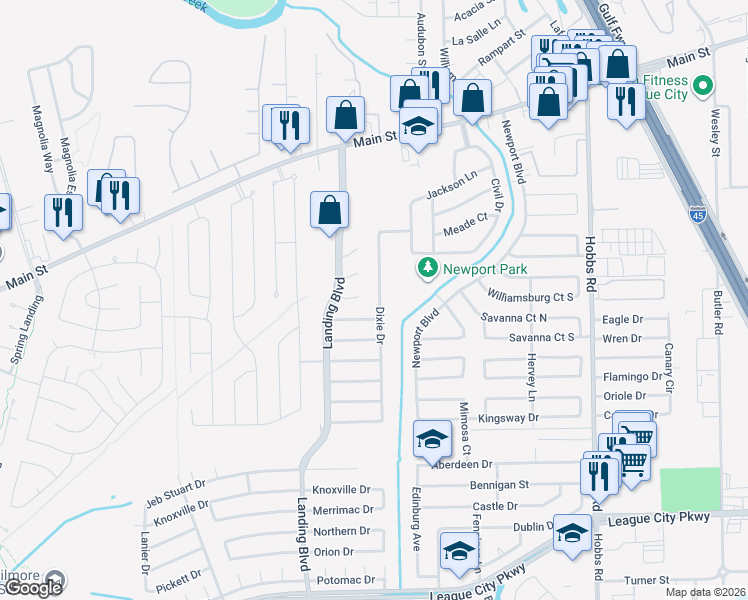 map of restaurants, bars, coffee shops, grocery stores, and more near 607 Dixie Drive in League City