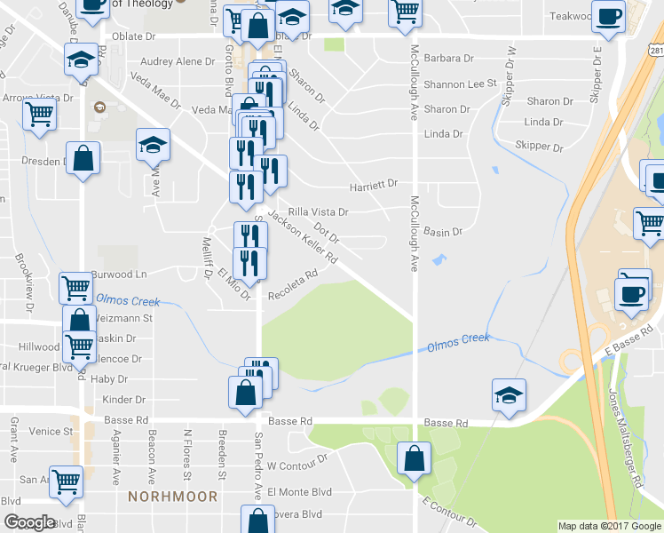 map of restaurants, bars, coffee shops, grocery stores, and more near 202 Recoleta Road in San Antonio