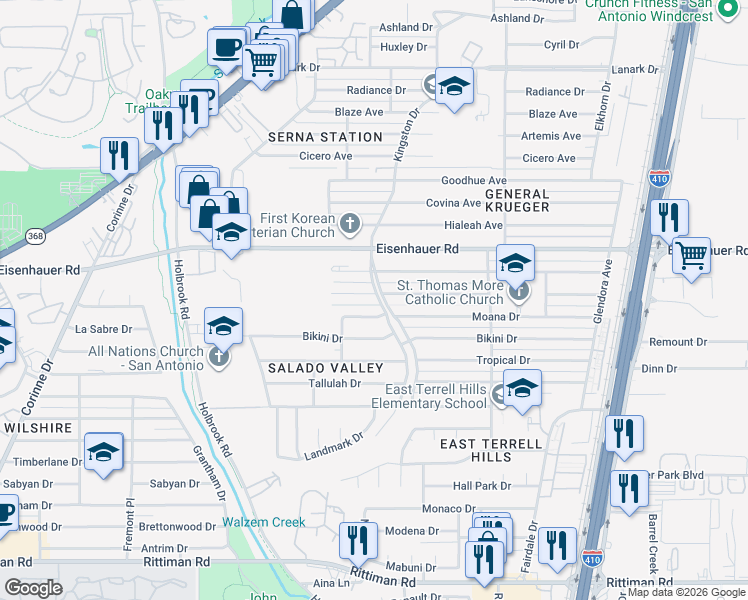 map of restaurants, bars, coffee shops, grocery stores, and more near 4138 Waikiki Drive in San Antonio