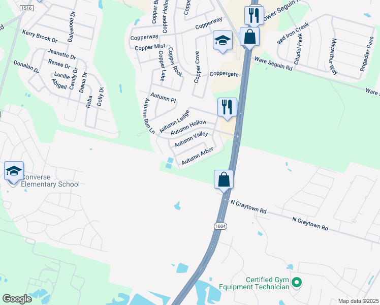 map of restaurants, bars, coffee shops, grocery stores, and more near 9736 Autumn Arbor in Converse