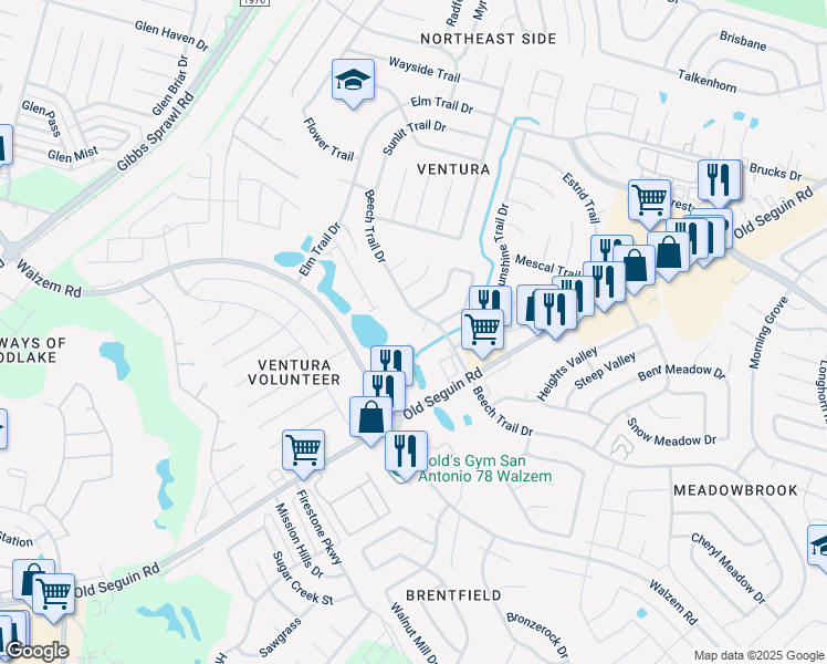 map of restaurants, bars, coffee shops, grocery stores, and more near 7905 Corum Trail Drive in San Antonio