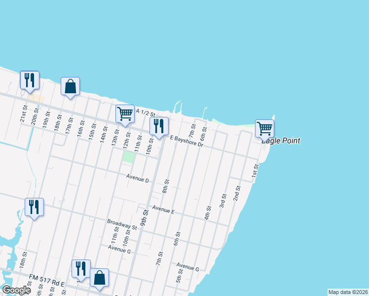 map of restaurants, bars, coffee shops, grocery stores, and more near 214 7th Street in San Leon