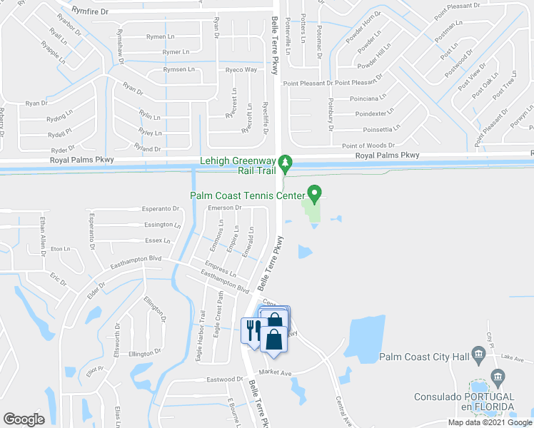 map of restaurants, bars, coffee shops, grocery stores, and more near 31B Emerson Drive in Palm Coast