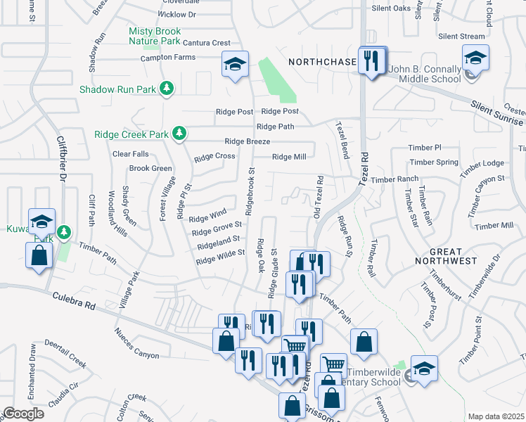 map of restaurants, bars, coffee shops, grocery stores, and more near 9227 Ridge Fern in San Antonio