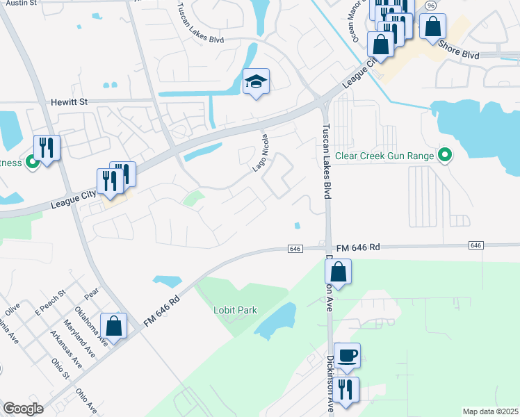 map of restaurants, bars, coffee shops, grocery stores, and more near 2760 Rio Bella Court in League City