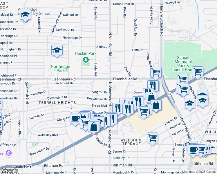 map of restaurants, bars, coffee shops, grocery stores, and more near 7000 Spring Briar in San Antonio
