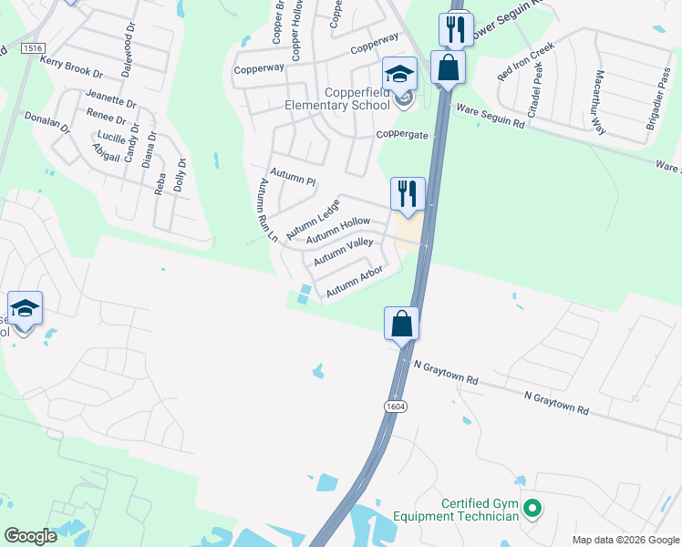 map of restaurants, bars, coffee shops, grocery stores, and more near 9736 Autumn Arbor in Converse