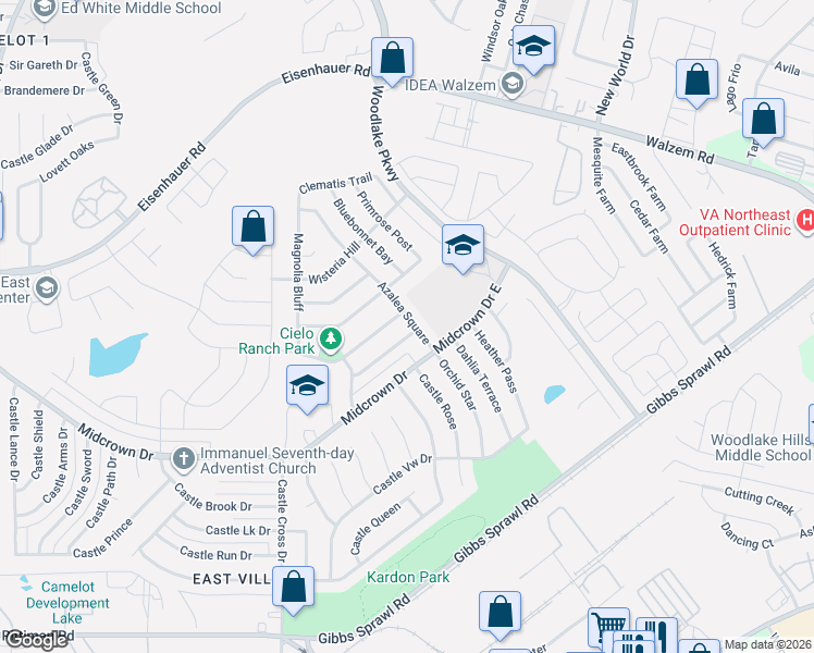 map of restaurants, bars, coffee shops, grocery stores, and more near 6031 Enchantment in San Antonio