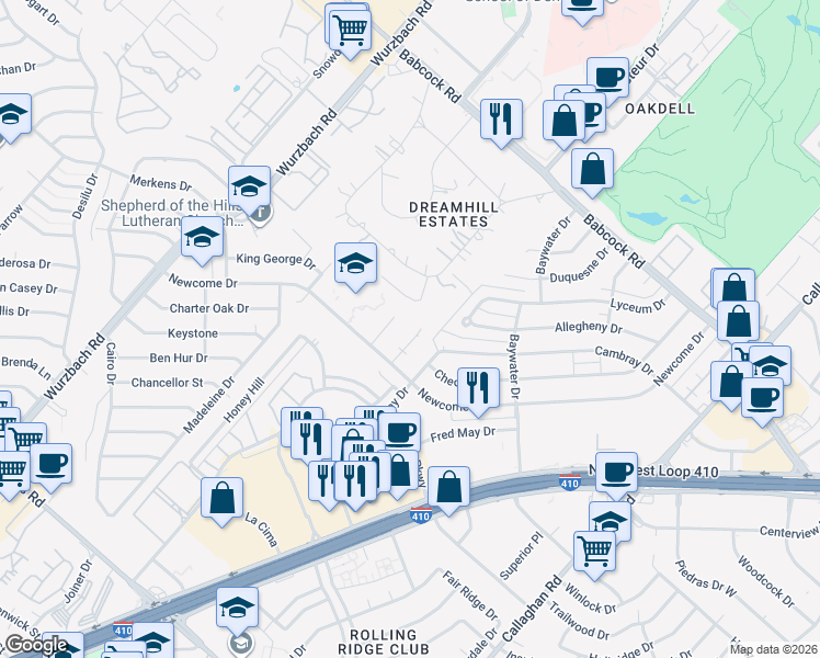 map of restaurants, bars, coffee shops, grocery stores, and more near 4900 Ali Avenue in San Antonio