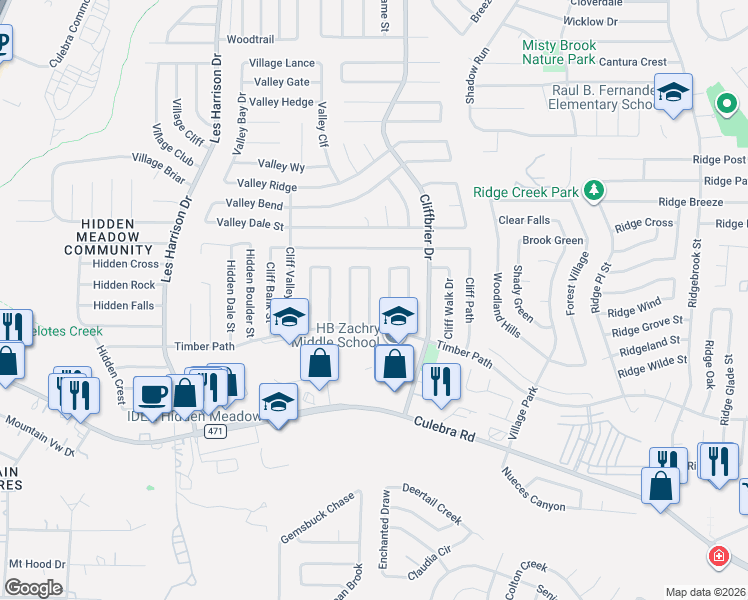 map of restaurants, bars, coffee shops, grocery stores, and more near 5919 Cliffmore Drive in San Antonio