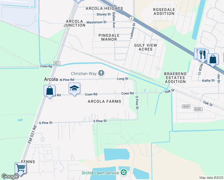 map of restaurants, bars, coffee shops, grocery stores, and more near 703 Coen Road in Rosharon