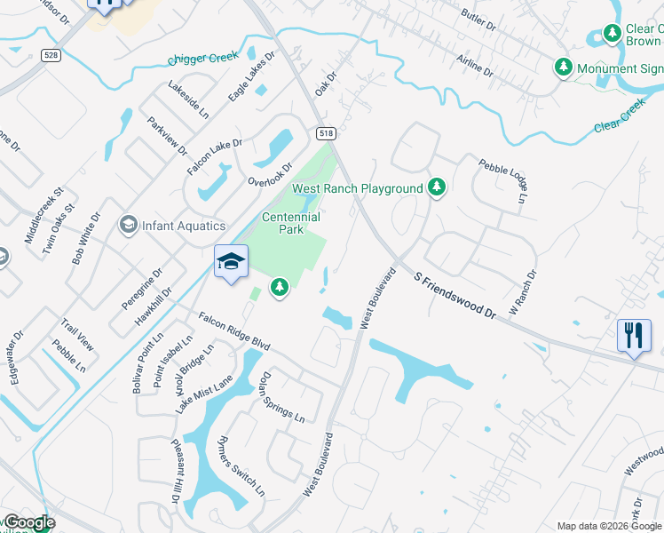 map of restaurants, bars, coffee shops, grocery stores, and more near 2304 Old Road in Friendswood