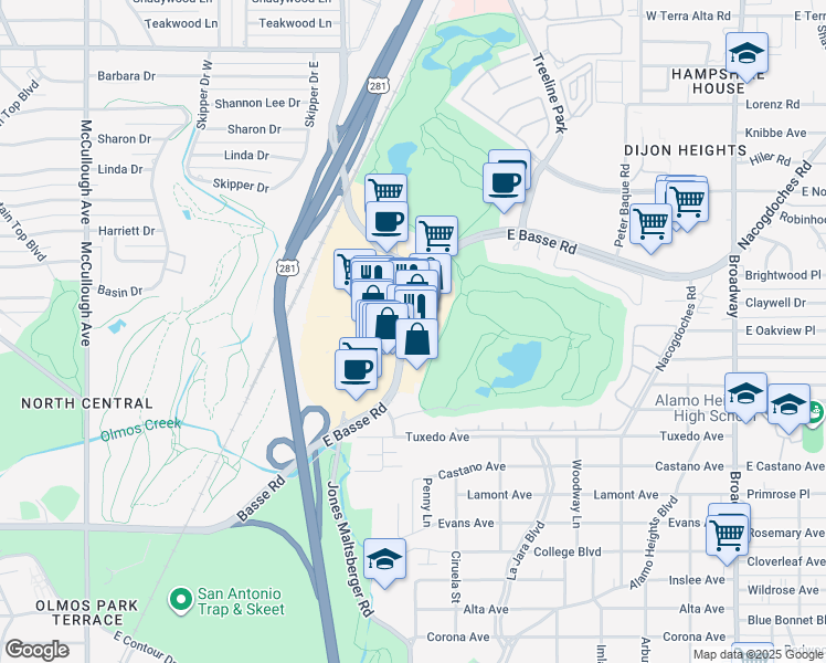 map of restaurants, bars, coffee shops, grocery stores, and more near 300 East Basse Road in San Antonio