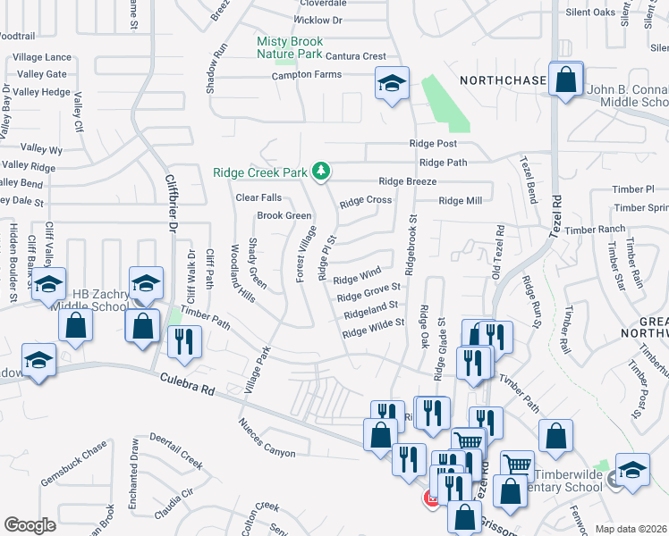 map of restaurants, bars, coffee shops, grocery stores, and more near 9259 Ridge Wind in San Antonio