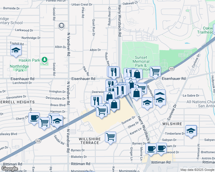 map of restaurants, bars, coffee shops, grocery stores, and more near 227 Deerwood Drive in San Antonio
