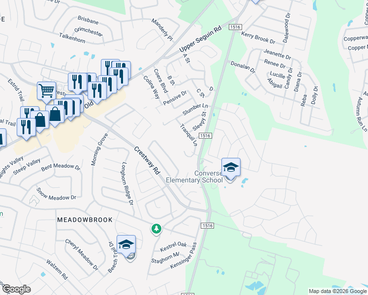 map of restaurants, bars, coffee shops, grocery stores, and more near 101 Peaceful Lane in Converse
