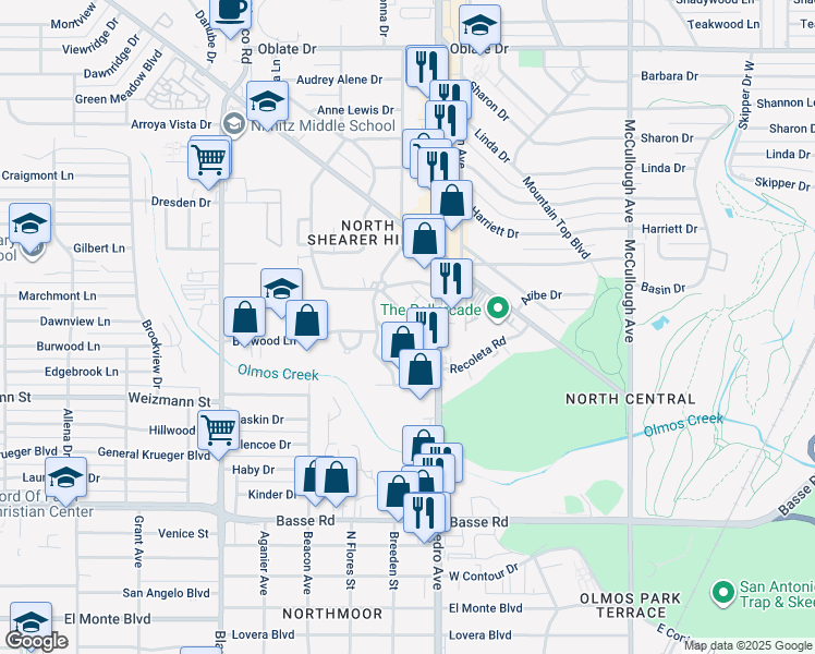 map of restaurants, bars, coffee shops, grocery stores, and more near 151 El Mio Drive in San Antonio