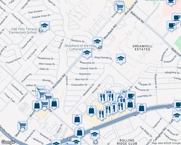 map of restaurants, bars, coffee shops, grocery stores, and more near 5302 Keystone in San Antonio