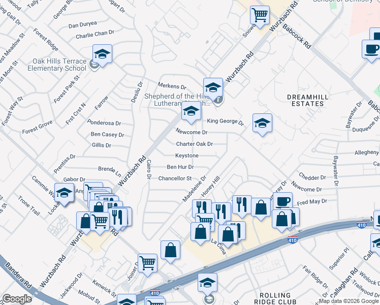 map of restaurants, bars, coffee shops, grocery stores, and more near 5410 Keystone in San Antonio