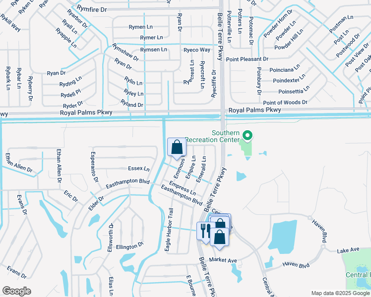 map of restaurants, bars, coffee shops, grocery stores, and more near 19 Emmons Lane in Palm Coast