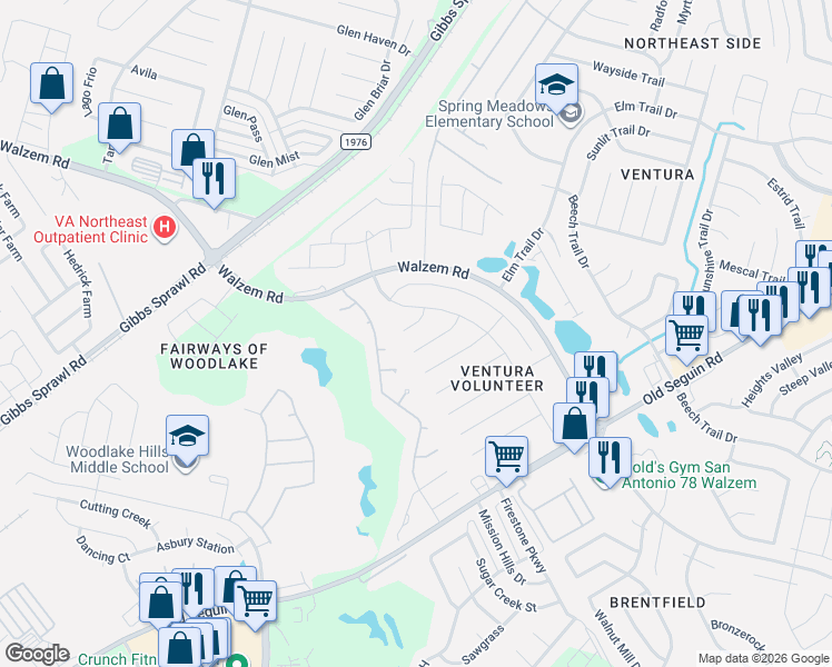 map of restaurants, bars, coffee shops, grocery stores, and more near 7507 Branding Trail in San Antonio
