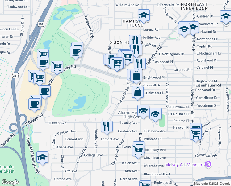 map of restaurants, bars, coffee shops, grocery stores, and more near 83 Haverhill Way in San Antonio