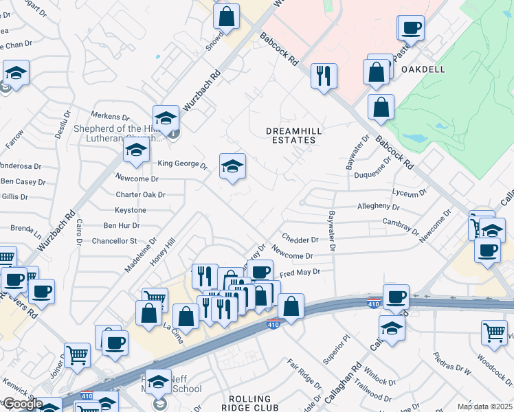 map of restaurants, bars, coffee shops, grocery stores, and more near 4918 Ty Terrace Street in San Antonio