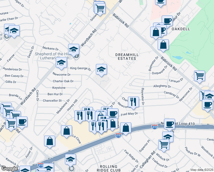 map of restaurants, bars, coffee shops, grocery stores, and more near 4918 Ty Terrace Street in San Antonio