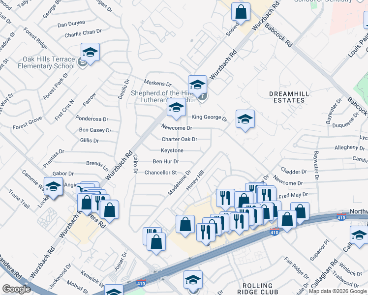 map of restaurants, bars, coffee shops, grocery stores, and more near 5302 Keystone in San Antonio