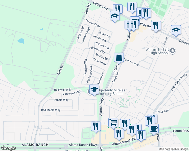 map of restaurants, bars, coffee shops, grocery stores, and more near 6130 Briscoe Leaf in San Antonio