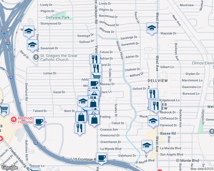 map of restaurants, bars, coffee shops, grocery stores, and more near 410 Nassau Drive in San Antonio
