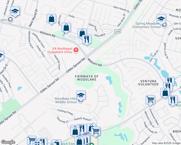 map of restaurants, bars, coffee shops, grocery stores, and more near 7030 Winding Draw in San Antonio