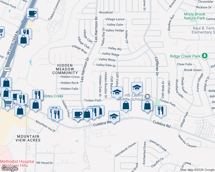 map of restaurants, bars, coffee shops, grocery stores, and more near 5930 Hidden Boulder Street in San Antonio