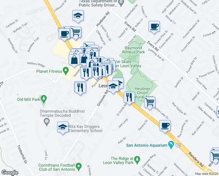 map of restaurants, bars, coffee shops, grocery stores, and more near 6607 Grissom Road in Leon Valley