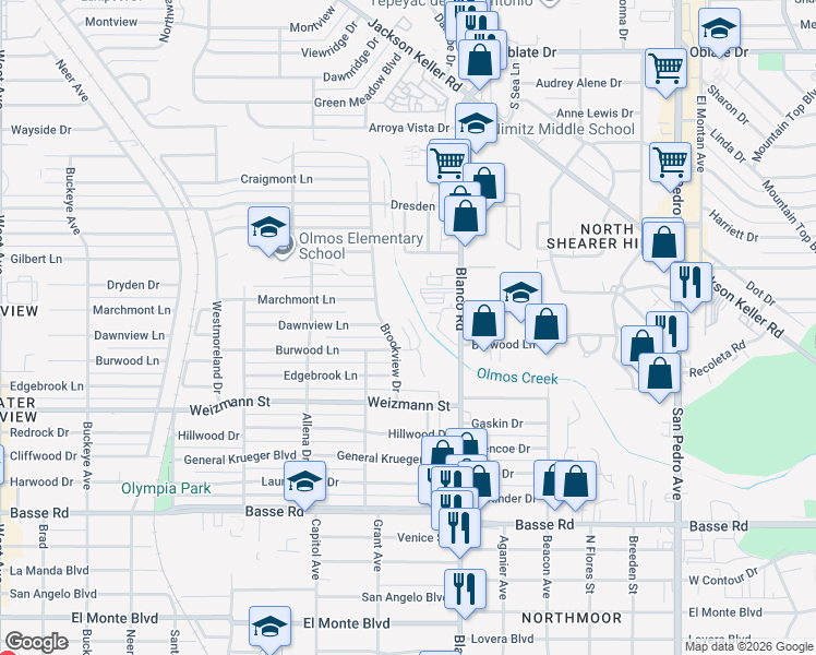 map of restaurants, bars, coffee shops, grocery stores, and more near 6907 Basilwood Drive in San Antonio