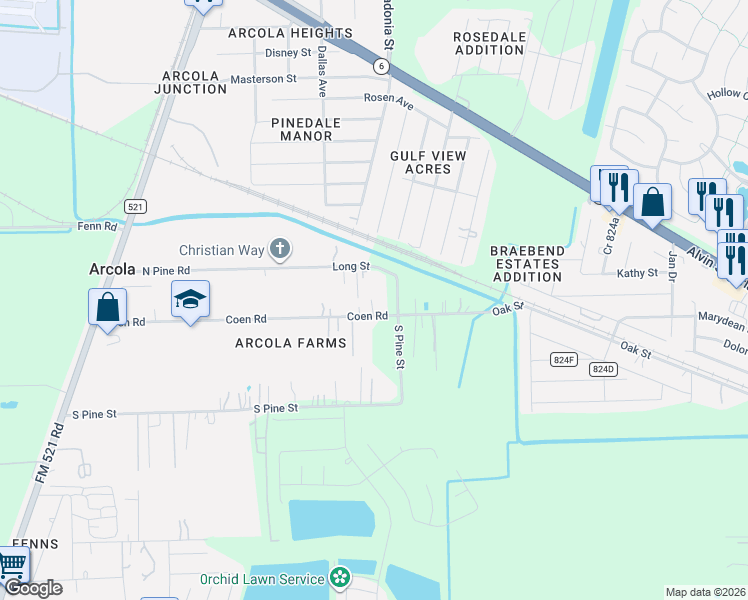 map of restaurants, bars, coffee shops, grocery stores, and more near 827 Coen Road in Rosharon