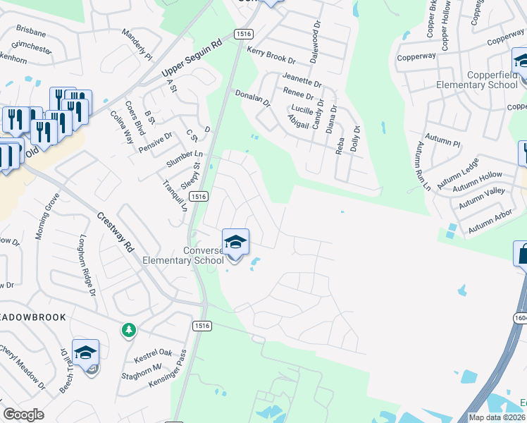 map of restaurants, bars, coffee shops, grocery stores, and more near 6910 Fm 1516 N in Converse