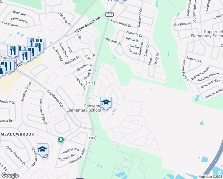 map of restaurants, bars, coffee shops, grocery stores, and more near 6910 Fm 1516 N in Converse