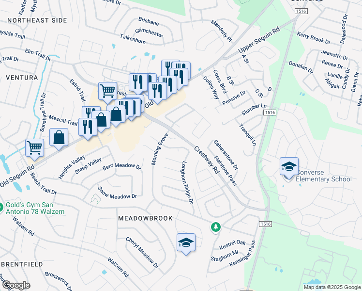 map of restaurants, bars, coffee shops, grocery stores, and more near 8367 Longhorn Ridge Drive in Converse