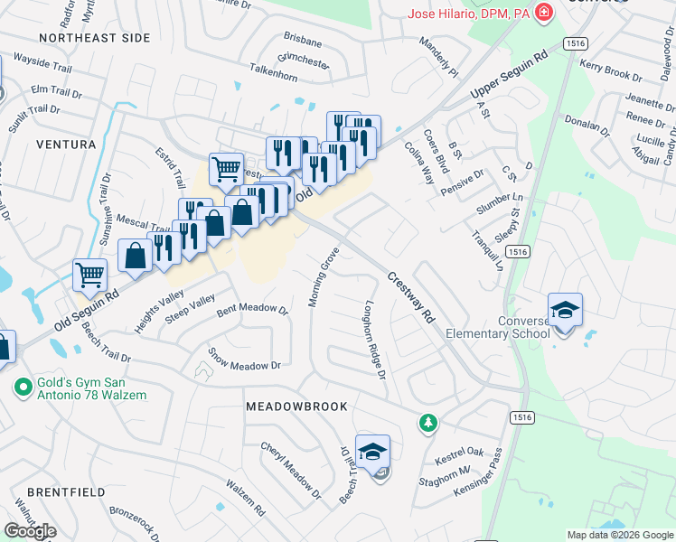 map of restaurants, bars, coffee shops, grocery stores, and more near 6822 Cypress Mist Drive in Converse