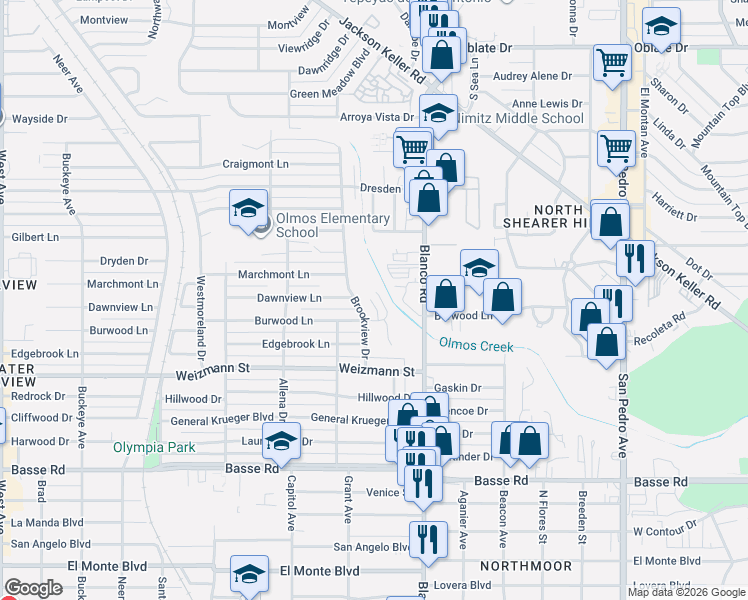 map of restaurants, bars, coffee shops, grocery stores, and more near 6907 Basilwood Drive in San Antonio