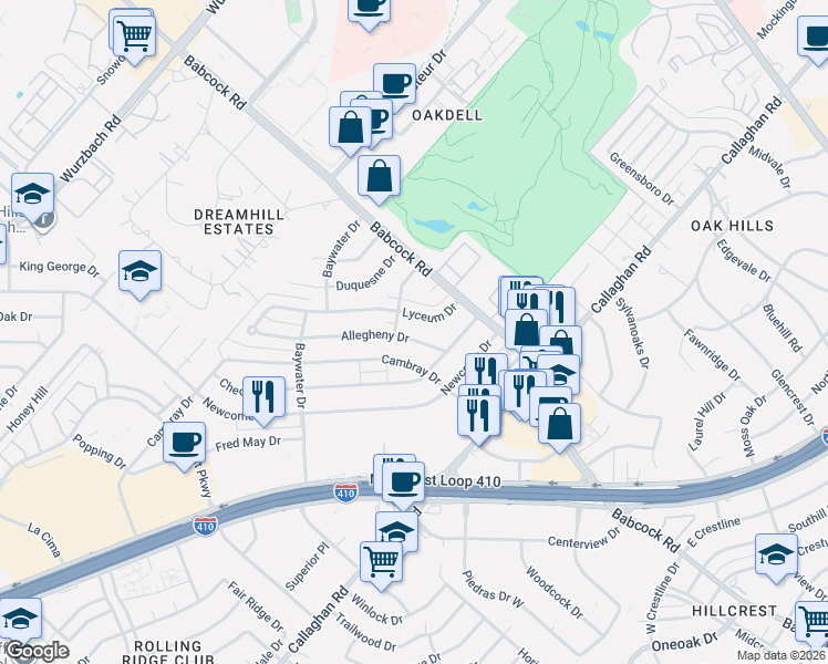 map of restaurants, bars, coffee shops, grocery stores, and more near 4526 Allegheny Drive in San Antonio