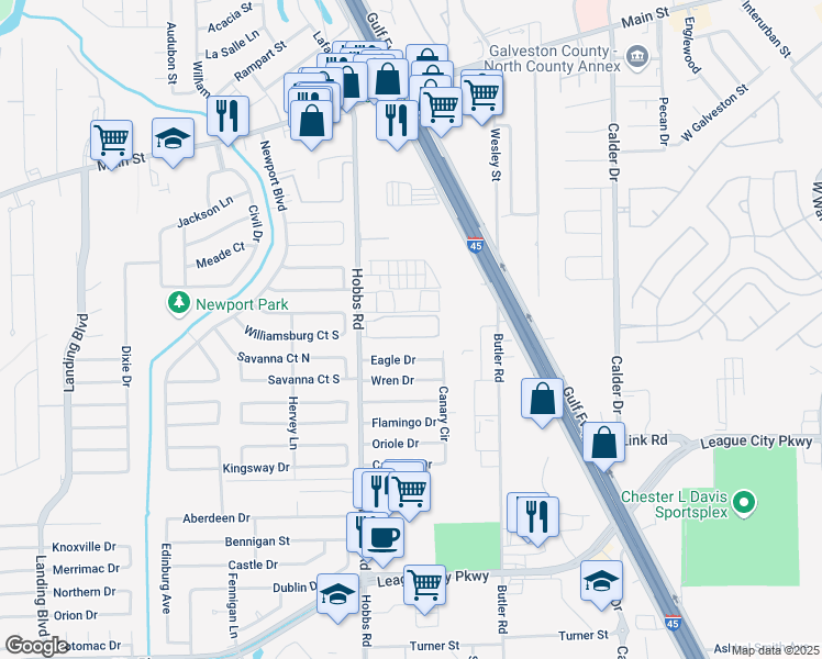 map of restaurants, bars, coffee shops, grocery stores, and more near 600 Hobbs Road in League City