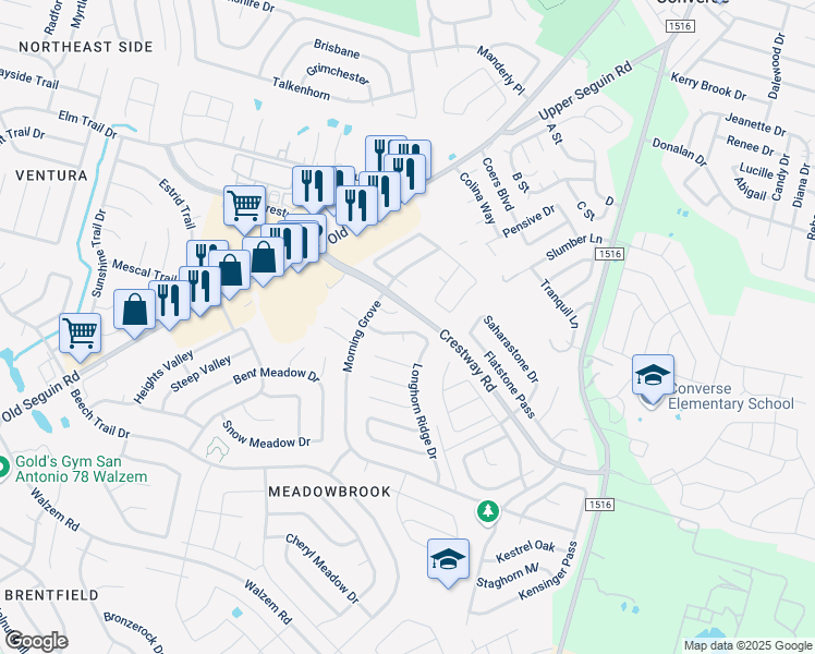 map of restaurants, bars, coffee shops, grocery stores, and more near 8367 Longhorn Ridge Drive in Converse
